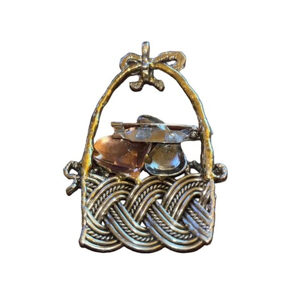 Vintage Tri Tone Easter Whimsical Bunny Rabbit Basket Heart  Pin Brooch Pendant - Picture 2 of 2